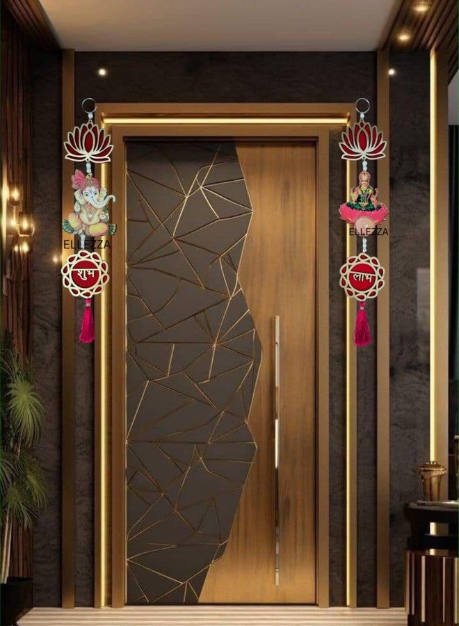 ELLEZZA Shubh Labh Lotus Laxmi Ganesh Wall Hanging, Traditional Door Decoration, 38 cm x 9.9 cm, Red - Image 1